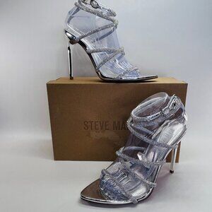 Steve Madden Struts Heels Size 8M Clear Rhinestone Stiletto Silver Sandals